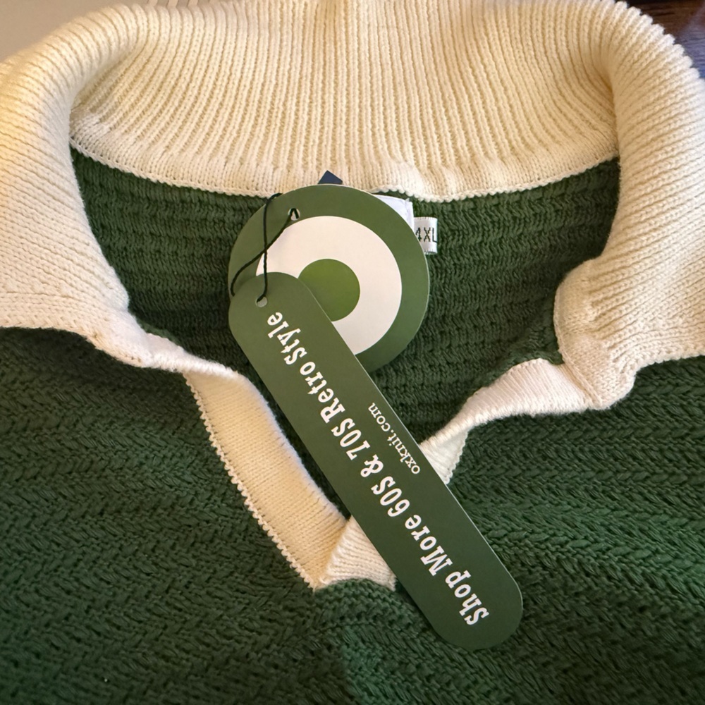 Oxknit Green Ivory Collared SS Sweater 4XL Plus NWT 60’s 70’s Retro 100% Cotton - Picture 8 of 9